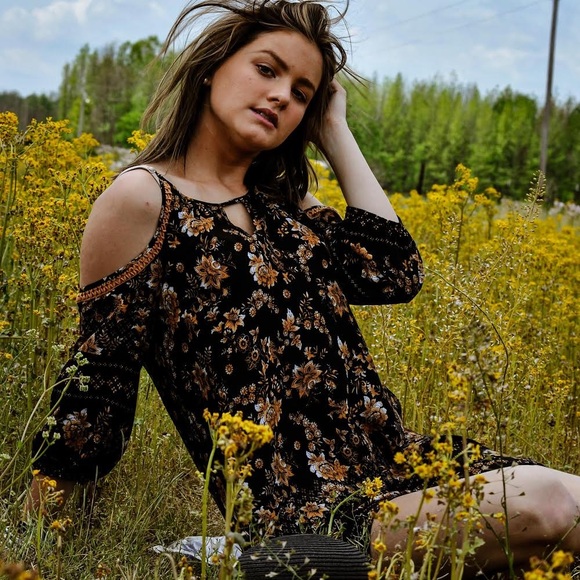 Boho Floral Print Cold Shoulder Dress - Picture 6 of 6